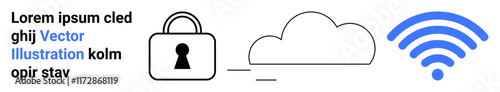 Padlock icon connects to cloud with wireless signal. Ideal for data security, cloud storage, internet privacy, network safety, online access, digital protection, and technology interface. Landing