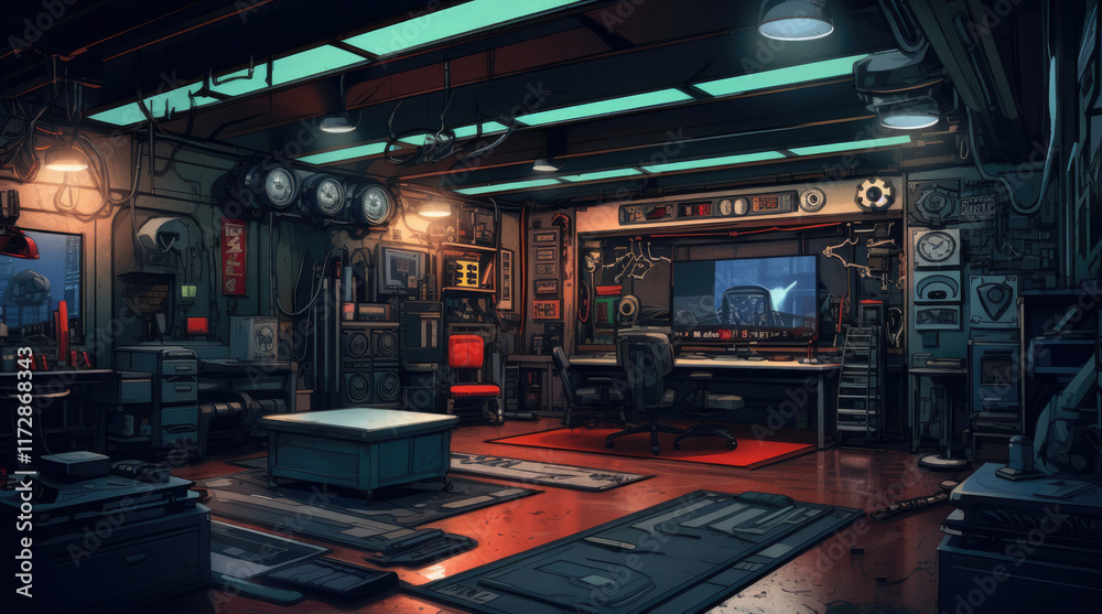 An illustration of a car workshop room