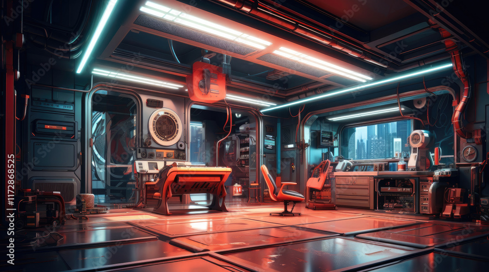 An illustration of a car workshop room with neon lights