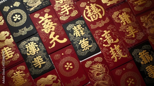 envelopes with golden Chinese calligraphy and auspicious symbols