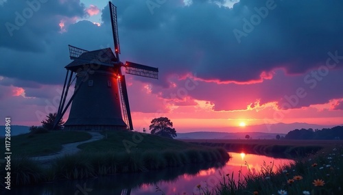 The windmill's wooden blades creak softly in the breeze as night begins to fall, creak, quiet