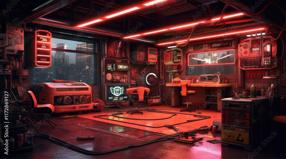 An illustration of a car workshop room with neon lights