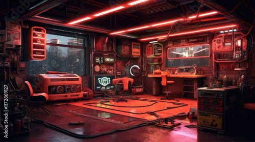 Obraz na płótnie An illustration of a car workshop room with neon lights w salonie
