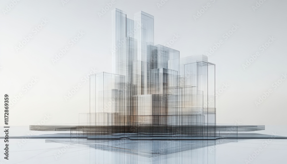 Transparent layered structures resembling skyscrapers, symbolizing vertical growth and collaborative design Transparent layered structures resembling skyscrapers, symbolizing vertical growth and collaborative design