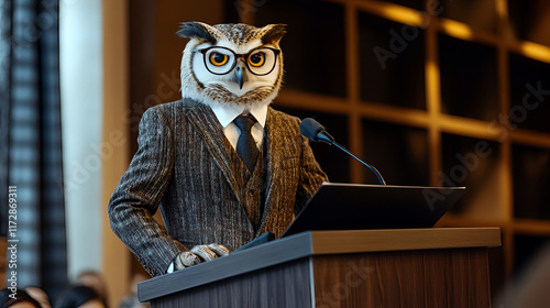 Owl at Lectern Giving Public Speech