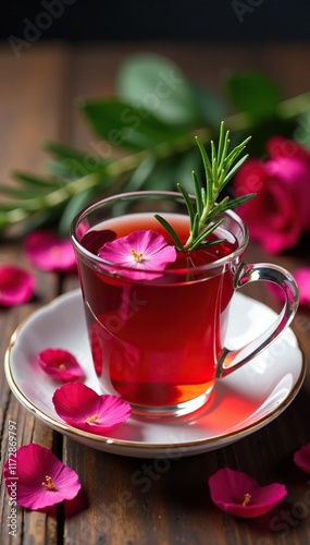 Wallpaper Mural Tea cup filled with fragrant rose petal tea and garnished with a sprig of rosemary, leafy, tea Torontodigital.ca