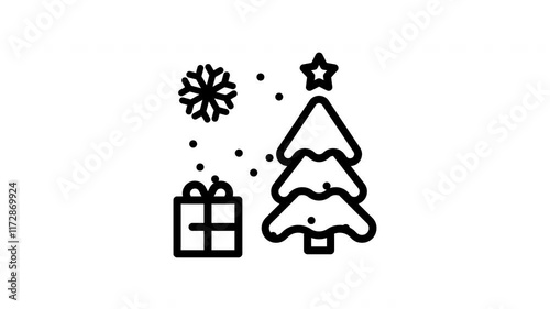Christmasthemed design featuring a tree, gifts, snowflakes, stars, and snow. Perfect for holiday greeting cards, festive invitations, and seasonal promotions.
