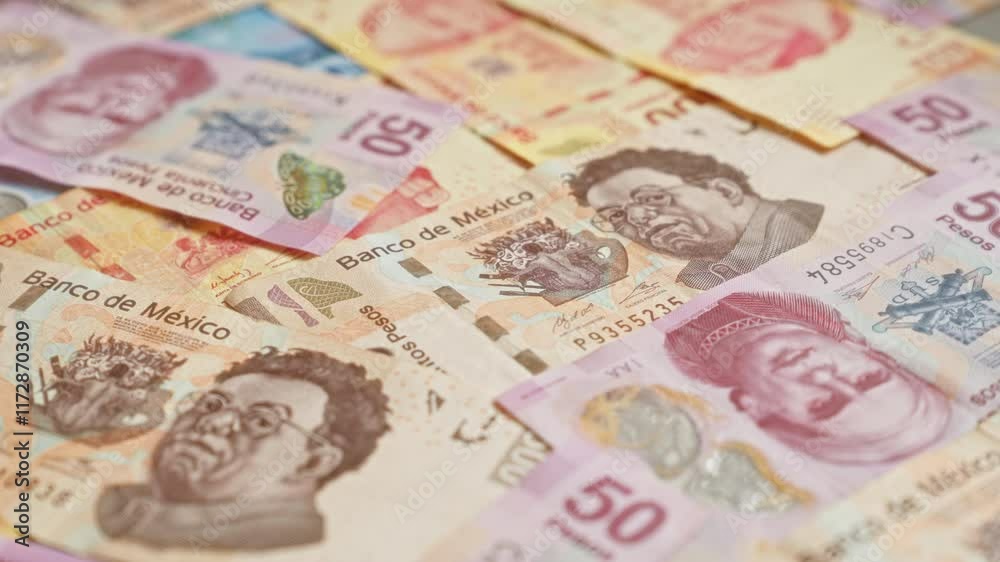 Mexican pesos banknotes spread out, showcasing various denominations and vibrant currency designs, highlighting the financial and economic theme of mexico. Mexican pesos banknotes spread out, showcasing various denominations and vibrant currency designs, highlighting the financial and economic theme of mexico.