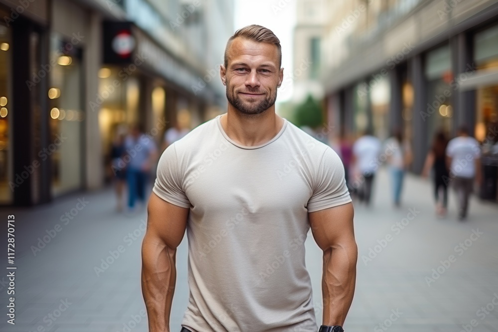A man with a muscular build stands in a city street, smiling for the camera A man with a muscular build stands in a city street, smiling for the camera