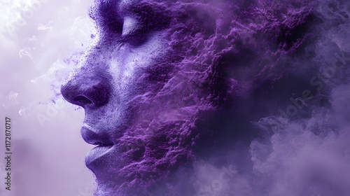 Surreal portrait of a face blending with purple clouds, evoking a dreamy, serene feeling. the struggle to breathe, abstract and