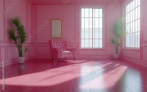 Pink room with armchair and sunlight.