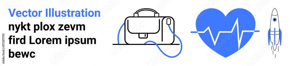 Business suitcase, heartbeat heart, and rocketship in clean graphic vector style, with blue and black colors. Ideal for business, healthcare, startups, technology, education, innovation, and web Business suitcase, heartbeat heart, and rocketship in clean graphic vector style, with blue and black colors. Ideal for business, healthcare, startups, technology, education, innovation, and web