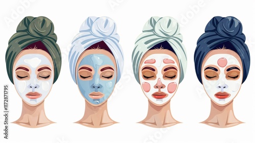 Professional beauty procedures with four face masks for skincare routine at salon