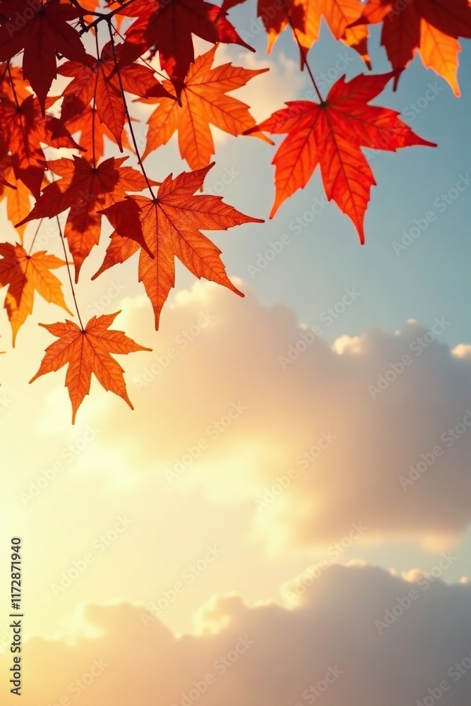 Amber colored maple leaves against a soft, gradient sky, sky, maple, autumn Amber colored maple leaves against a soft, gradient sky, sky, maple, autumn