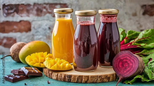 Assorted Bottled Juices Featuring Mango and Beetroot Flavors with Fresh Ingredients and Chocolate Garnish on a Rustic Wooden Display, healthy juices