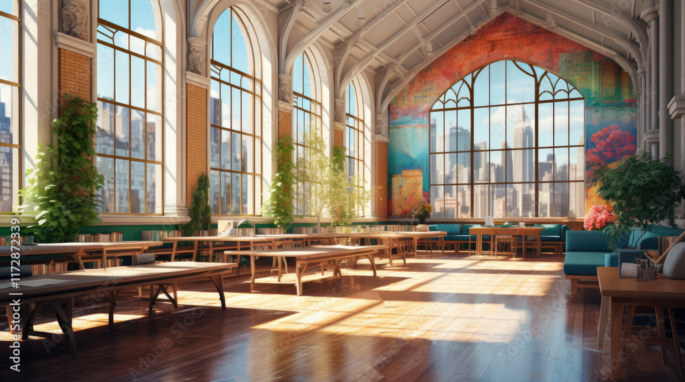 An illustration of a classroom with a view of city buildings