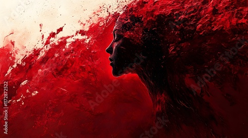 A captivating digital painting of a woman's profile enveloped in a vibrant red, abstract explosion of color. It evokes feelings of mystery and power. impact of sickle cell anemia on the body, abstract