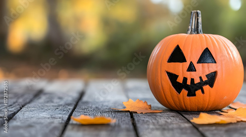 Jack-o'-lantern on rustic wooden table, autumn leaves, blurred fall background; perfect for Halloween greeting cards or seasonal websites photo