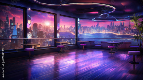 An illustration of a dance club room with a view of city buildings