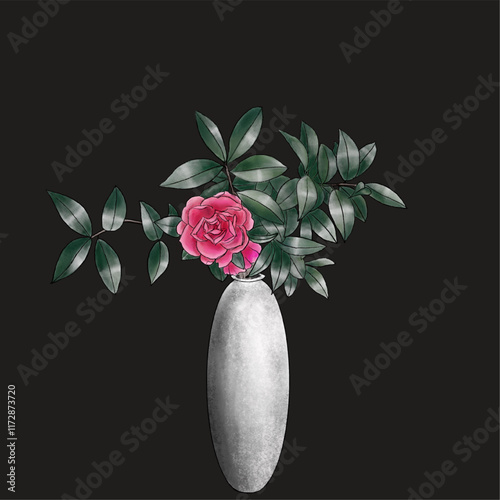 陶器の花瓶に生けた濃いピンク色の山茶花の花、花瓶に生けた花、花瓶に生けた山茶花の花