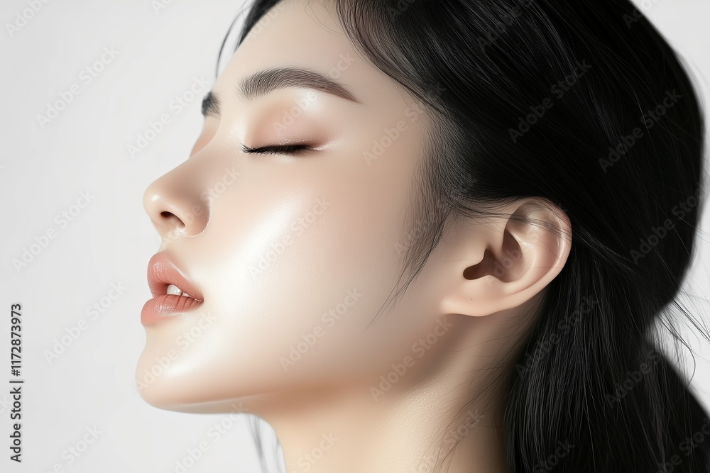 Fototapeta premium Elegant Korean Model Profile with Radiant Skin, Perfect for Luxury Skincare and Beauty Ads