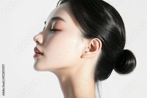 Elegant Korean Model Profile with Radiant Skin, Perfect for Luxury Skincare and Beauty Ads