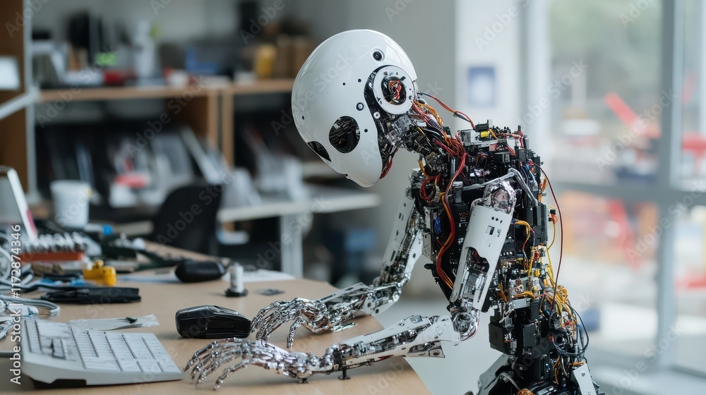 Cybernetic robots testing mechanical systems in futuristic lab, cybernetics, technology testing Cybernetic robots testing mechanical systems in futuristic lab, cybernetics, technology testing