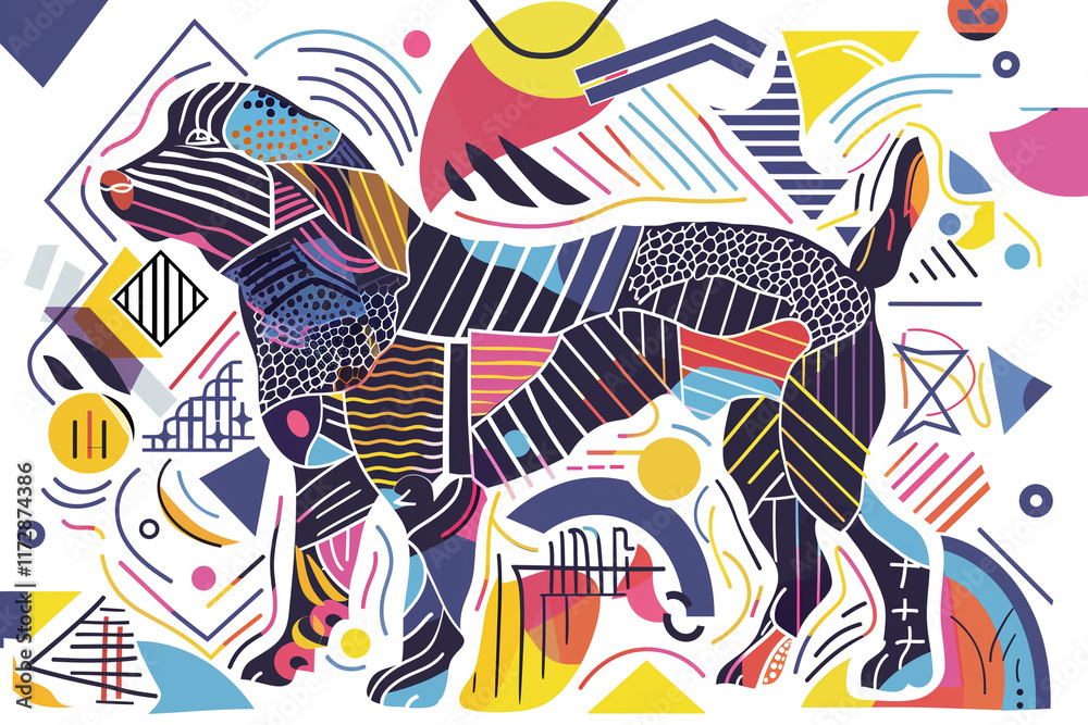 Obraz premium A lively and colorful line art of a dog with abstract geometric shapes surrounding the dog.