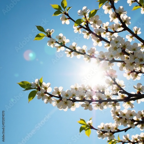 Sunlit tree with luminous white blossoms glow, tree branches stretching, sunlit tree white blossoms glowing light, natural world