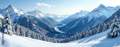 The valley below is carpeted with a blanket of snow, snowy, nature photo