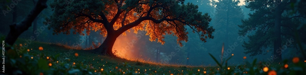 Dense foliage surrounds a lone tree with branches bent towards flames, trees, darkness Dense foliage surrounds a lone tree with branches bent towards flames, trees, darkness
