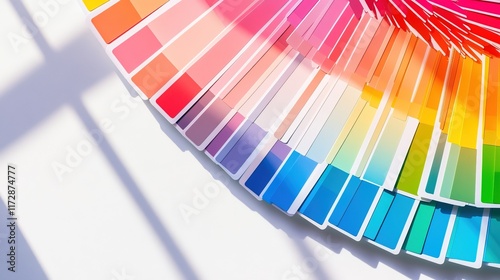 Colorful swatches fan on white surface with shadows. photo