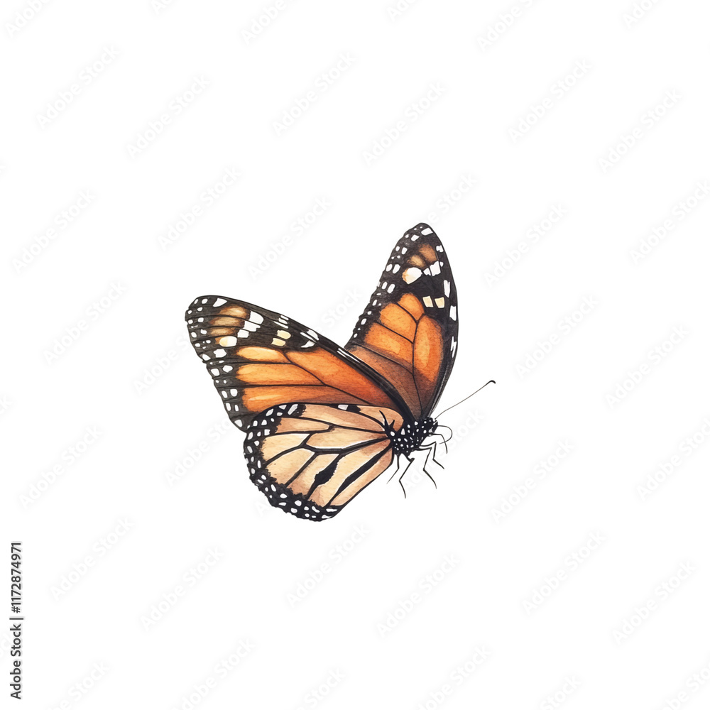 Fototapeta premium Monarch butterfly in flight: Exquisite monarch butterfly, with its striking orange and black wings, gracefully gliding through the air. A moment of natural beauty.