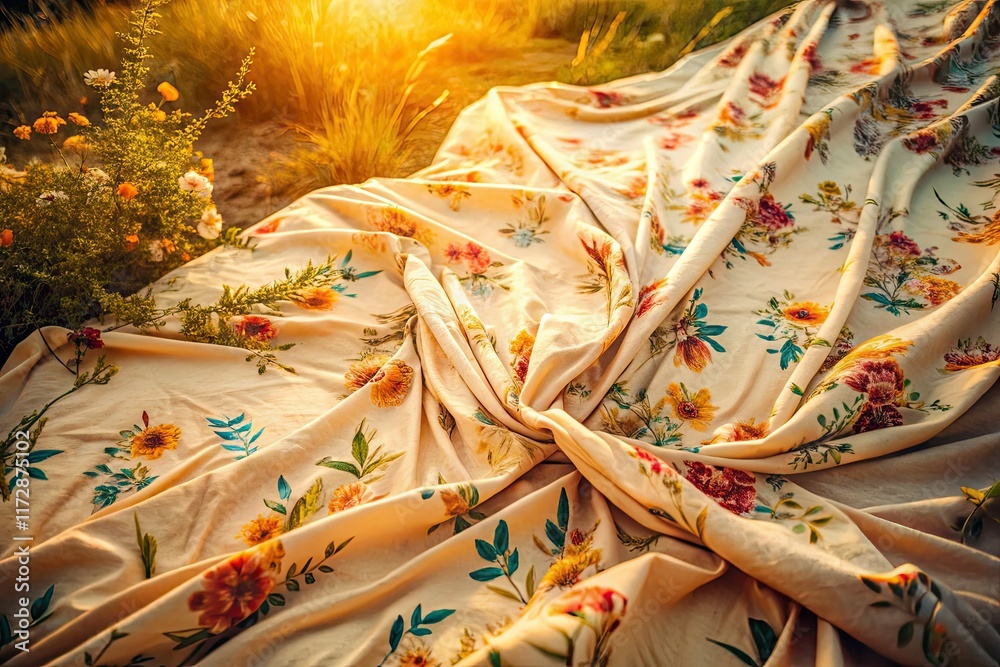 Fototapeta premium Drone Aerial Photography: Abstract Beige Cotton Fabric Flower Pattern, Nature Background