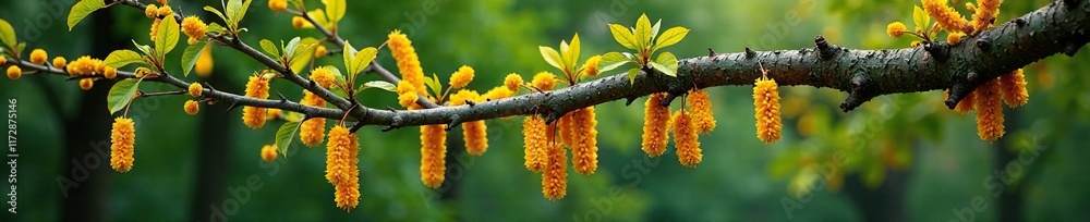 Twisted tree branches with long catkins of Alnus Serrulata, branch, foliage Twisted tree branches with long catkins of Alnus Serrulata, branch, foliage