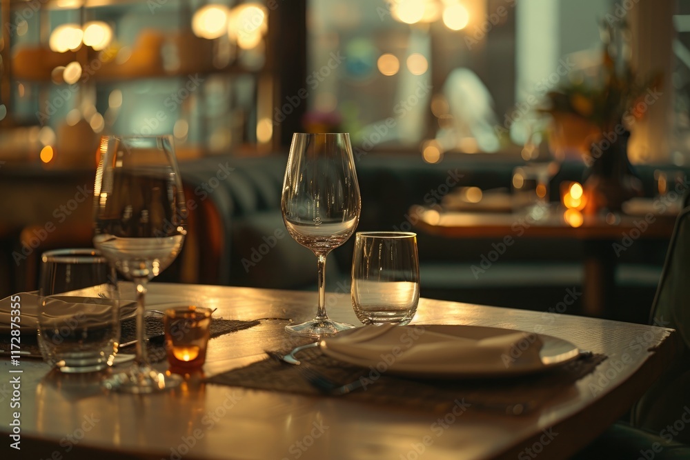 A close up shot of a restaurant table set up with tableware and wine glass. Concept of dining, hospitality and catering. Horizontal image with free space for text. MZ A close up shot of a restaurant table set up with tableware and wine glass. Concept of dining, hospitality and catering. Horizontal image with free space for text. MZ