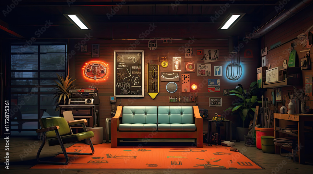An illustration of a retro-style living room