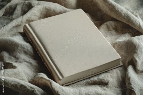 Elegant off white photo album or guest book resting on linen fabric