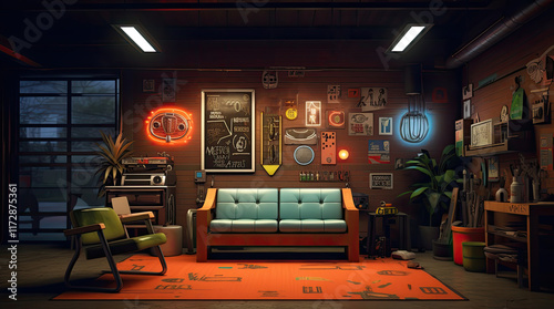 An illustration of a retro-style living room