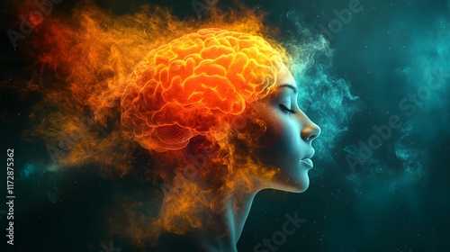 Abstract digital art showcasing a fiery brain within a woman's profile, symbolizing the power of the mind. impact of Huntington's disease on the brain, abstract