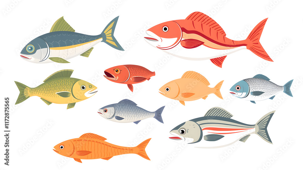 Naklejka premium Different fishes set. Seafood. Flat style cartoon fish collection. Vector set for package, label, menu. Vector illustration. Generative AI