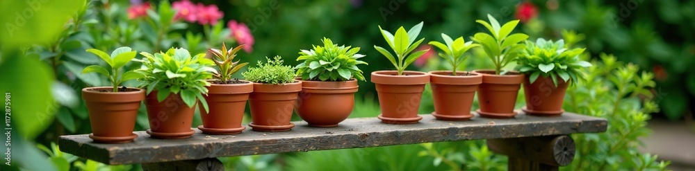Small terracotta pots filled with small plants and placed on a raised wooden bench in the garden corner, greenery, garden, pots Small terracotta pots filled with small plants and placed on a raised wooden bench in the garden corner, greenery, garden, pots