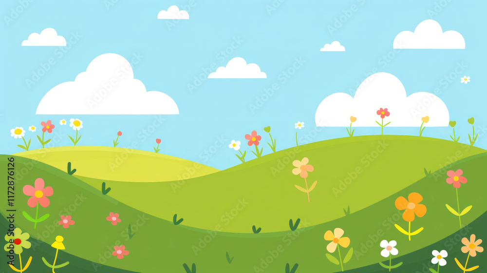 illustration cartoon simple meadow hill landscape blue sky and cloud flower and atmosphere illustration cartoon simple meadow hill landscape blue sky and cloud flower and atmosphere