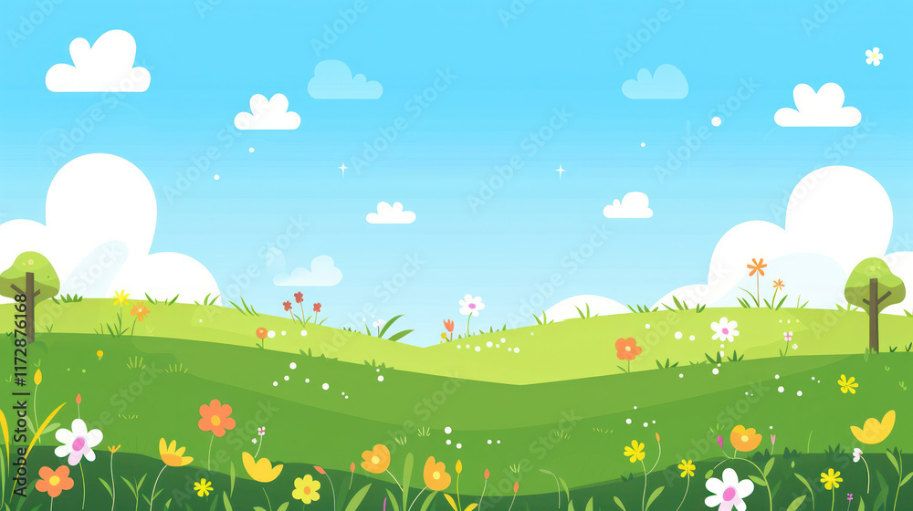illustration cartoon simple meadow hill landscape blue sky and cloud flower and atmosphere illustration cartoon simple meadow hill landscape blue sky and cloud flower and atmosphere