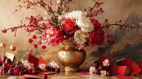 Fototapeta Naklejka Na Ścianę i Meble -  Ornate vase filled with vibrant peonies and cherry blossoms, festive red decorations, and Chinese New Year elements.