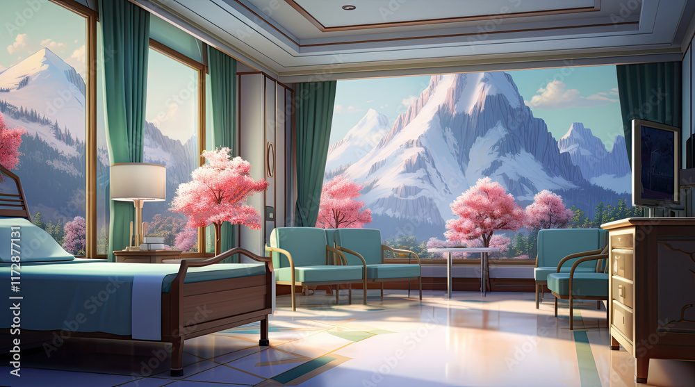 n illustration of a hospital accommodation room with a view of mountains