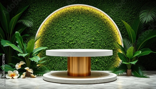 Elegant 2-A Circular Display Stand Perfect for Showcasing Products Surrounded by Lush Tropical Plants Like Monstera and Palm Fronds photo