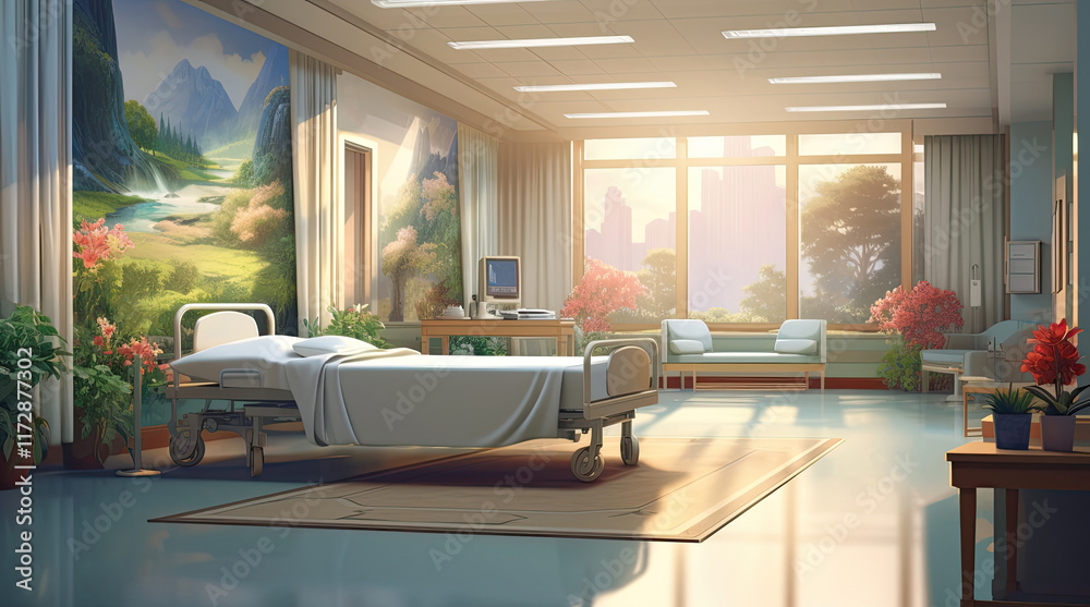 An illustration of a hospital accommodation room with a view of city buildings