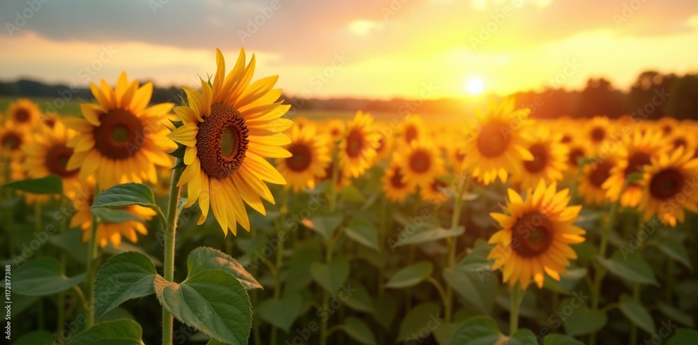 Fototapeta premium Soft light on harvested sunflowers in the evening, field, agricultural, wheat