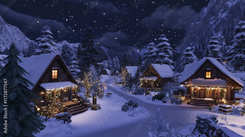Fototapeta premium Snowy mountain village at night with cozy cabins and Christmas lights.
